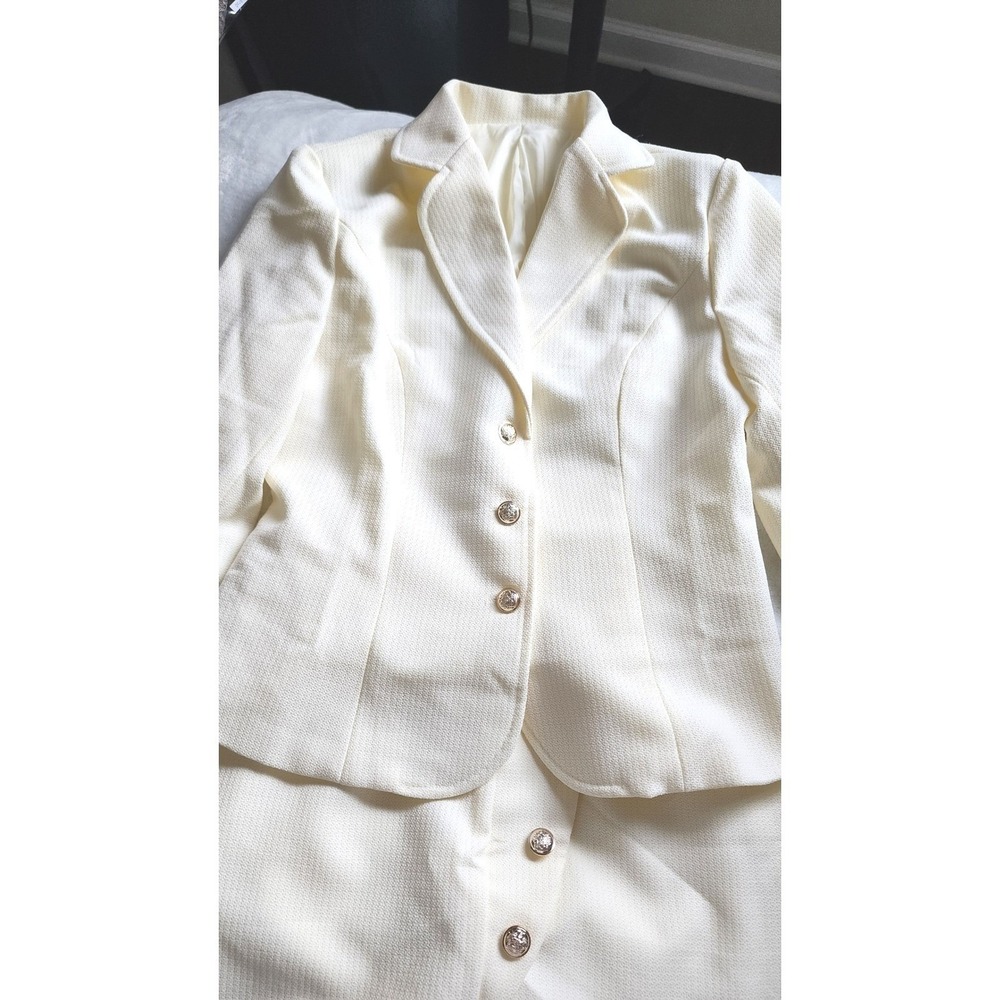 Cream Textured 2 Piece Skirt Suit Set Gold Crest Buttons Blazer Midi Skirt